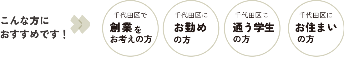 こんな方におすすめです!千代田区で創業をお考えの方、千代田区にお勤めの方、千代田区に通う学生の方、千代田区にお住まいの方